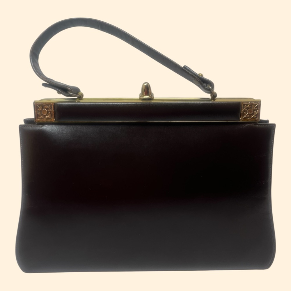 1960s Vintage Dark Brown faux Leather Handbag with Gold Frame and Cream Interior